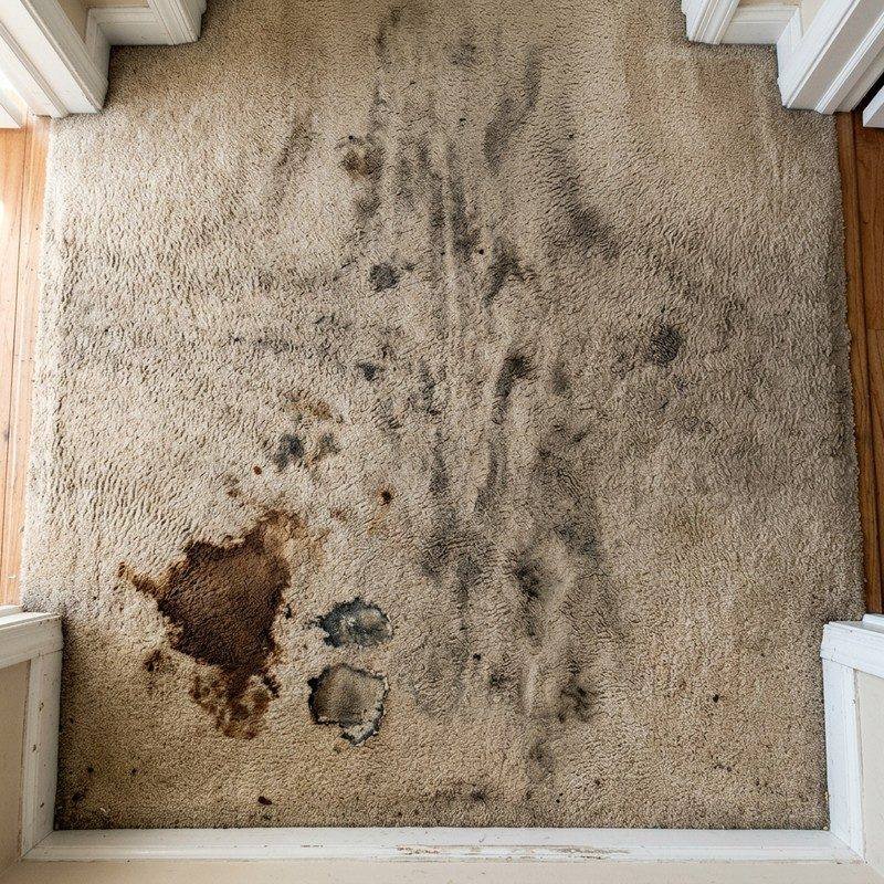 Carpete de quarto antes da higienização, encardido e manchado