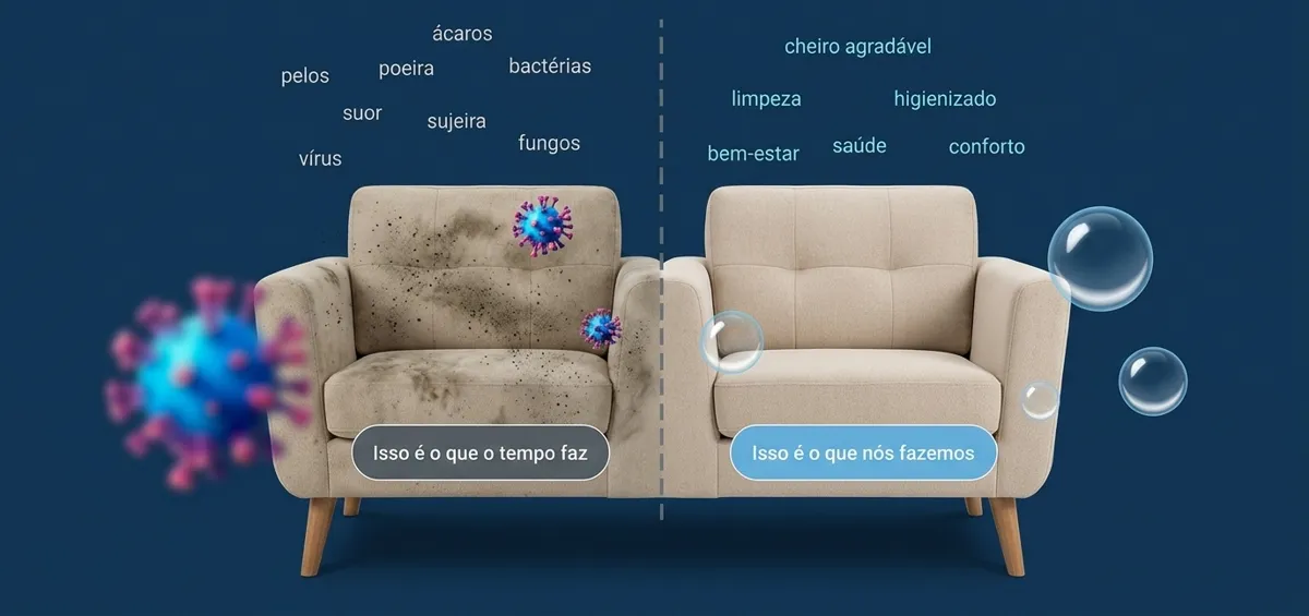 Poltrona comparada lado a lado: metade encardida com manchas e metade limpa e higienizada