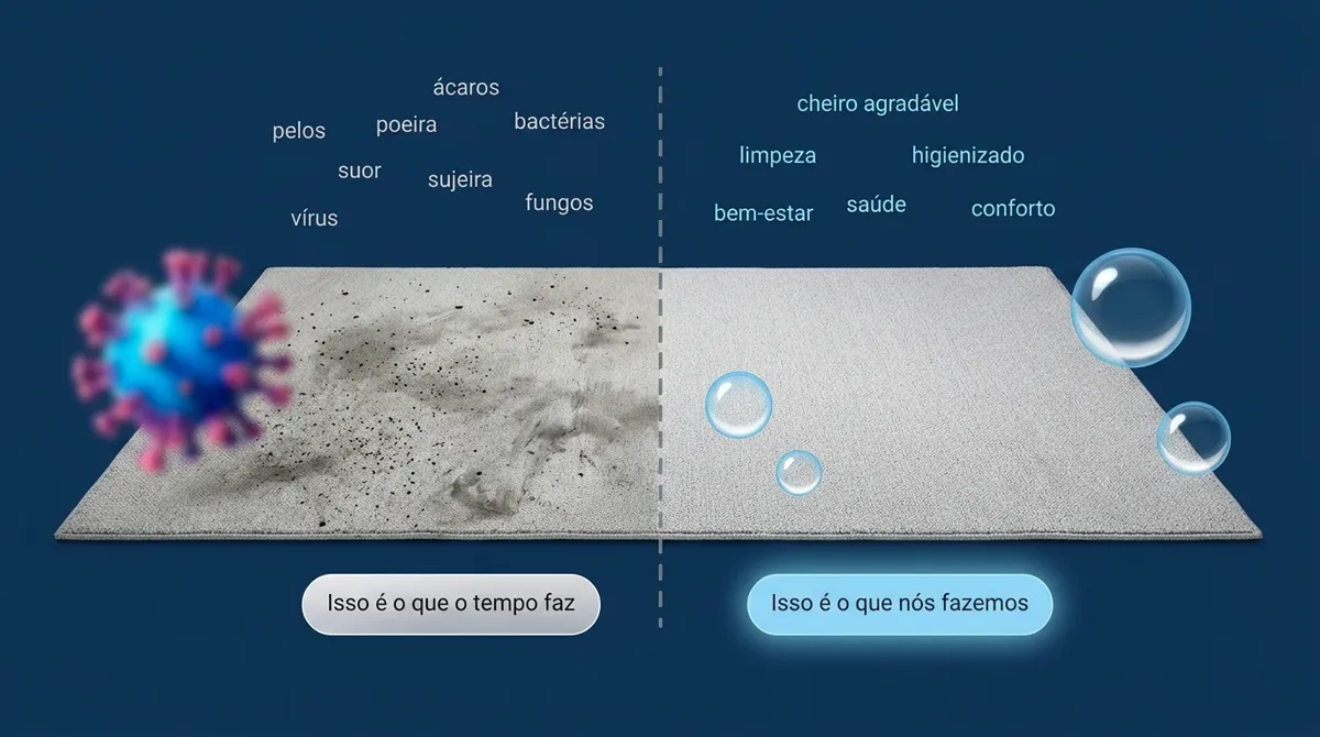 Carpete comparado lado a lado: metade encardida com manchas e metade limpa e renovada