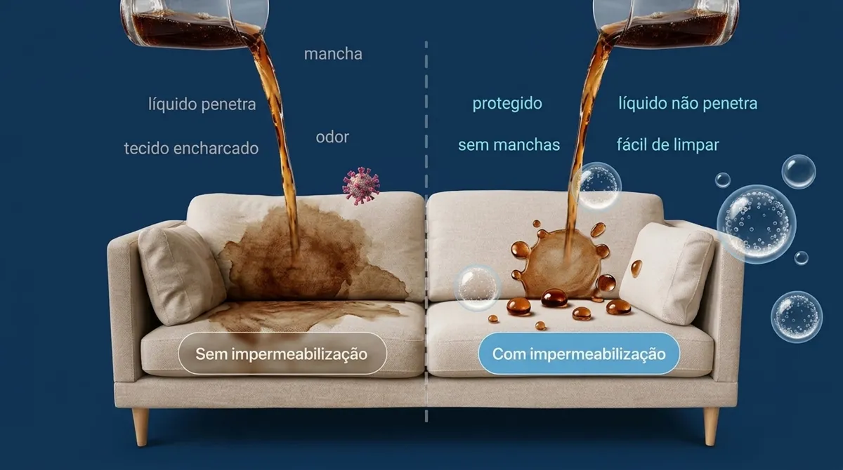 Estofado impermeabilizado: líquido derramado formando gota sobre o tecido sem penetrar