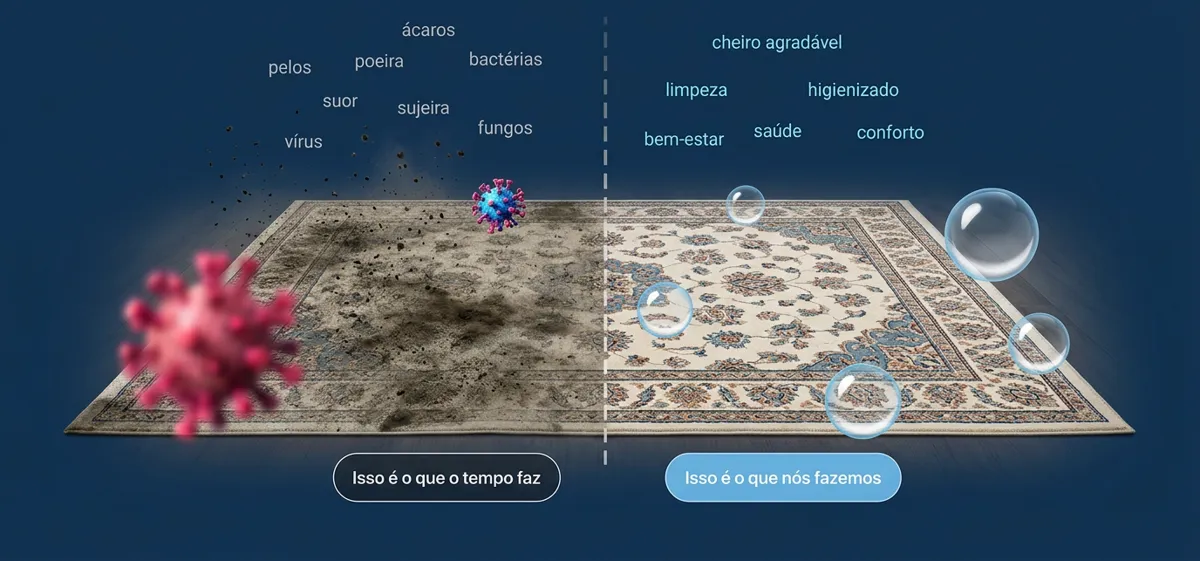 Tapete comparado lado a lado: metade com sujeira e manchas e metade limpa e com a cor viva